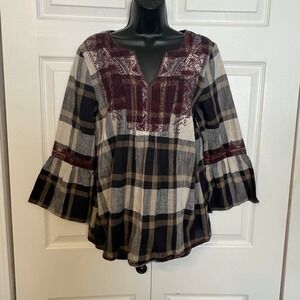Kyla Seo Shirt Women M Brown Plaid Embroidered Cross Stich Boho Cotton Tunic Top
